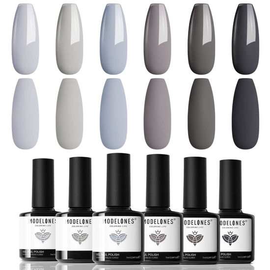 Picture of modelones Grey Gel Nail Polish Set 6 Colors, Gray Tone Dark Cloud Stone Seal Iron Fossil Shades Collection For Fall Winter Soak Off Nail Art Kit Design Soak Off Manicure Gift