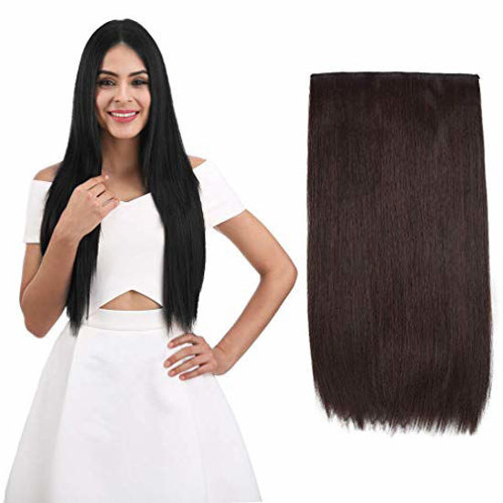 Picture of REECHO 16" Straight Clips in hair extensions Clips on Hairpieces Synthetic Hair Extensions for Women 5 Clips per Piece - Dark Red Brown-Straight