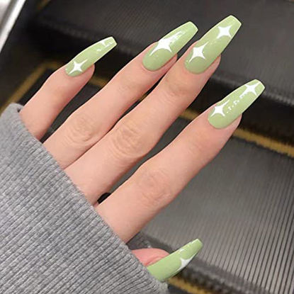 Picture of Vaveah 24 Pcs Press on Nails Coffin for Women, Extra Long Fake Nails Glue on Nails, False Nails with Glue (Matcha Stars)