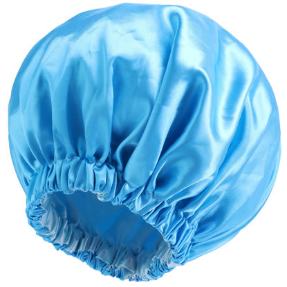 Picture of Satin Bonnet Silk Bonnet Hair Bonnet for Sleeping-Slouchy Beanie Hat Satin Sleep Cap for Women's Natural & Curly Hair(Lake Blue)