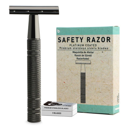 Picture of Single Blade Razors for Men and Women, Reusable Double Edge Safety Razor, with 10 Platinum Coated Safety Razor Blades, Metal Razors for Women, Travel and Home Essentials Razor, No Plastic, Gun Black