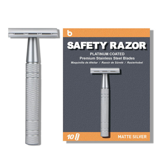 Picture of Single Blade Razors for Men, Reusable Safety Razor for Women, Double Edge Safety Razor for Men, Face Razors for Men Shaving, with 10 Safety Razor Blades,One Blade Razor, No Plastic, Matte Silver