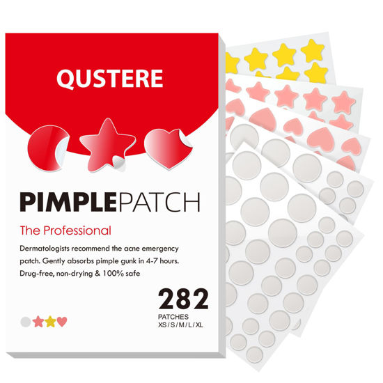 Picture of QUSTERE Pimple Patches for Face, Acne Patches Hydrocolloid, Cute Star Zit Covers for Face, Spot Stickers with Tea Tree, Salicylic Acid & Cica Oil| Round,Star,Peach Shapes| 5 Sizes| 282 Count