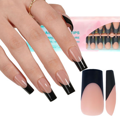 Picture of Misssix Black French Gel Nail Tips, 240Pcs French Tip Press on Nails Long Square, No Need to File 3 in 1 Tips Pre-lasting, Fake Nails for Nail Art DIY 15 Sizes