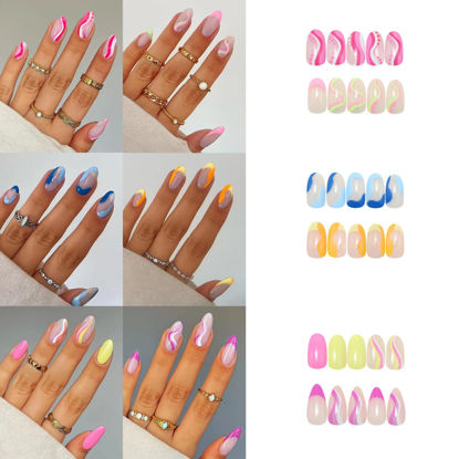 Picture of 6 Packs (144 Pcs) Press on Nails Medium, Misssix Short Fake Nails Glue on Nails Almond Set with Adhesive Tabs Nail File for Women