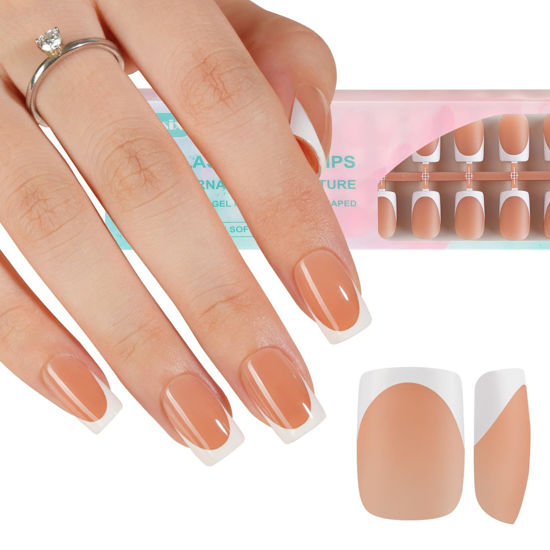 Picture of Misssix French Gel Nail Tips, 160Pcs French Tip Press on Nails Short Square Brown, No Need to File Tips Pre-lasting, Fake Nails for Nail Art DIY 16 Sizes