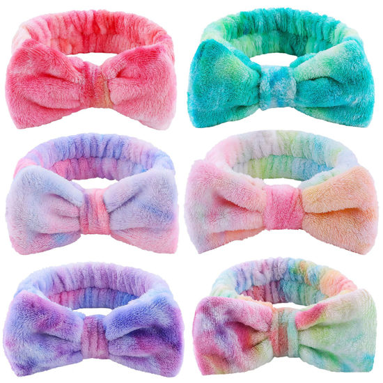 Picture of WSYUB Skincare Headband, 6pcs, Tie Dye Color, Soft Coral Fleece, Elastic, Washable, Reusable, For Women, Girls, Facial Makeup, Shower, Exercise, Party Gift