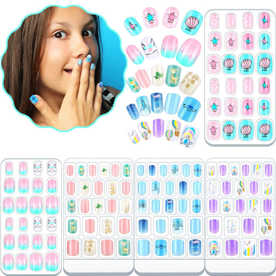 Picture of 120 Pieces Girls Press on Nails Fake Nails Artificial Nail Tips Children Full Cover Short False Fingernails for Girls Kids Nail Art Decoration, 5 Boxes (Seashells Pattern)