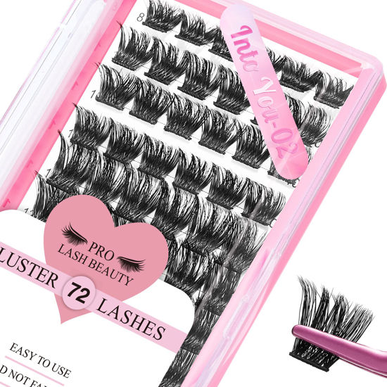 Picture of Cluster Lashes 72 Pcs Lash Clusters DIY Eyelash Extension Individual Lashes Into You-02 D-10mm Thin Band Easy to Apply at home Lashes