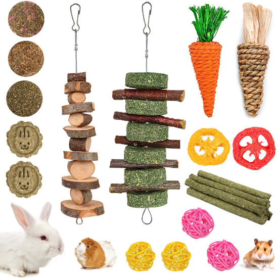 Picture of Grddaef 20 PCS Bunny Chew Toys for Teeth, Natural Rabbit Toys Apple Wood Grass Timothy Sticks Chew and Treat for Guinea Pigs Hamster Chinchillas