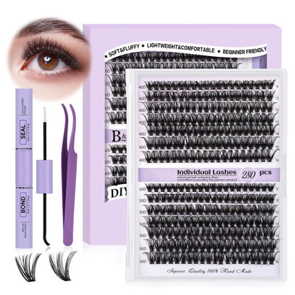 Picture of DIY Lash Extension Kit 280pcs Individual Lashes Cluster D Curl Eyelash Extension Kit Lash Clusters with Lash Bond and Seal and Lash Applicator Tool for Self Application (KIT,40D+50D-0.07C-9-16MIX)