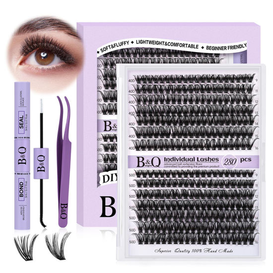 Picture of DIY Lash Extension Kit 280pcs Individual Lashes Cluster D Curl Eyelash Extension Kit Lash Clusters with Lash Bond and Seal and Lash Applicator Tool (KIT,40D+50D-D-9-16MIX)