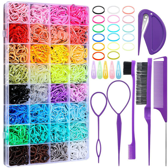 Picture of 32 Colors Small Hair Rubber Bands with 16 Hair Styling Tools, 2000 Pcs Elastic Girl Baby Hair Ties Mini Hair Bands with Hair Elastic Cutter Hair Accessories Xmas Stuff for Girls Baby Toddlers Kids