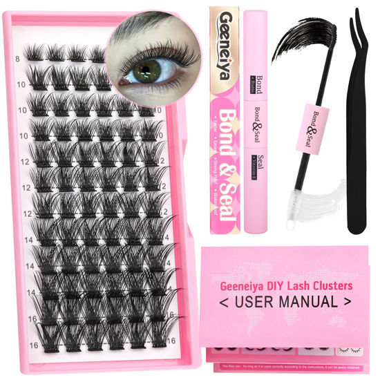 Picture of DIY Lash Extension Kit, Clusters Eyelash Extension Kit Cluster Lashes with Waterproof Lash Bond and Seal Glue and Individual Eyelash Tweezers DIY at Home, User Manual for Beginners (72Pcs,D-8-16MM))