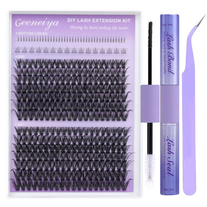 Picture of Geeneiya Bottom Lash Extension Kit Natural Cluster Eyelash Extension Kit DIY D Curl Lash Clusters Kit with Lash Bond and Seal Glue, Lash Applicator for Self Application at Home (30D+40D+BOTTOM)