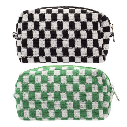 Picture of PAZIMIIK Checkered Makeup Bag for Purse Portable Zipper Make Up Pouch Small Cosmetic Case for Travel Accessories (2PCS Black Green)