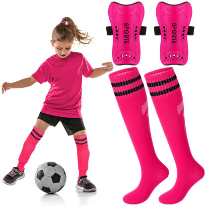 Picture of Syhood Soccer Shin Guards and Socks for Toddler Kids Youth, Lightweight Soccer Shin Pads Protective Soccer Gear for 3-5, 5-10, 10-15 Years Old Children Teen Boys Girls Soccer Game (Pink,S Size)