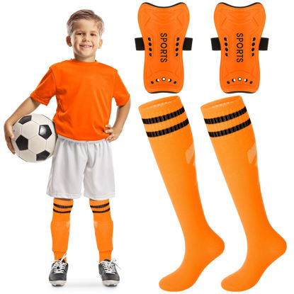 Picture of Syhood Soccer Shin Guards and Socks for Toddler Kids Youth, Lightweight Soccer Shin Pads Protective Soccer Gear for 3-5, 5-10, 10-15 Years Old Children Teen Boys Girls Soccer Game (Orange, S Size)