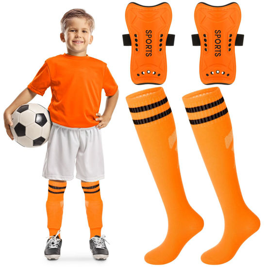 Picture of Syhood Soccer Shin Guards and Socks for Toddler Kids Youth, Lightweight Soccer Shin Pads Protective Soccer Gear for 3-5, 5-10, 10-15 Years Old Children Teen Boys Girls Soccer Game (Orange, S Size)