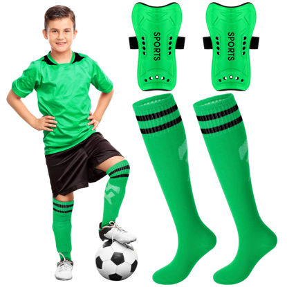 Picture of Syhood Soccer Shin Guards and Socks for Toddler Kids Youth, Lightweight Soccer Shin Pads Protective Soccer Gear for 3-5, 5-10, 10-15 Years Old Children Teen Boys Girls Soccer Game (Green, L Size)