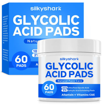 Picture of SilkyShark Glycolic Acid Resurfacing Pads (60 Count), 10% Ultra Pure Glycolic Acid + 2% Salicylic Acid, Exfoliating Peel Pads for Face, Effective Chemical Peel, Radiant Skin Renewal