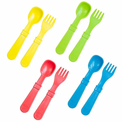 Picture of RE-PLAY Made in USA 8pk Toddler Feeding Utensils Spoon and Fork Set | Made from BPA Free Eco Friendly Recycled Milk Jugs - Virtually Indestructible | Dishwasher Safe | Preschool | Without Case