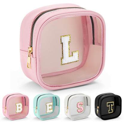 Picture of YOOLIFE Mini Initial Makeup Bag | Travel Toiletry Bag | Clear Makeup Bag | Travel Essentials Gifts for Women Teen Girlfriend Teacher Brithday Gifts | Clear Toiletry Bag Small Mini Cosmetic Bag Pink L