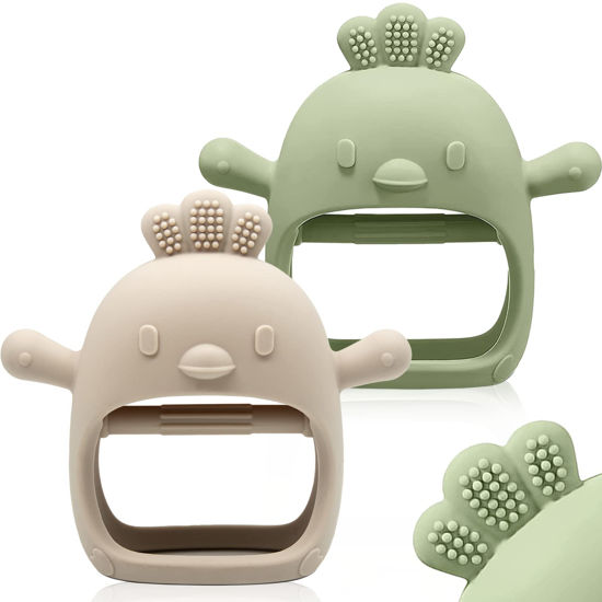 Picture of 2 Packs Baby Teething Toy for 0-6 6-12 Months, Food Grade Silicone Teething Mitten, Anti Dropping Wrist Hand Teethers Baby Chew Toys for Sucking Needs, BPA Free (Green & Caramel)