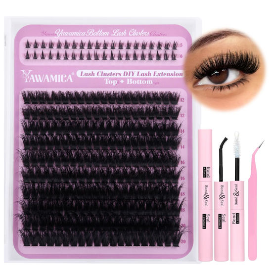 Picture of Yawamica Eyelash Extension Kit Fluffy Lash Clusters Kit with Bottom Lashes Wispy Individual Lashes 100D Volume 12-20mm Eyelash Clusters with 5-6mm Bottom Lashes with Bond and Seal and Lash Tweezers