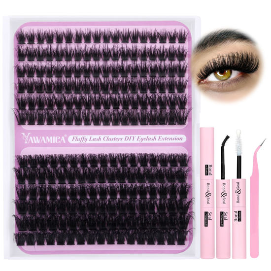 Picture of Yawamica Fluffy Lash Extension Kit 80D+100D Lash Clusters Eyelash Extensions 12-18mm Wispy Individual Lashes Kit Thick Volume Eyelash Clusters with Lash Bond and Seal and Lash Tweezers for Beginners