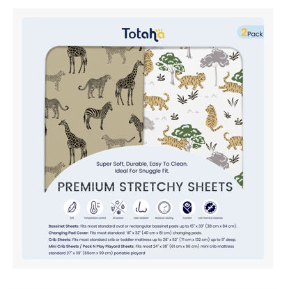 Picture of TotAha Premium Soft Pack n Play Sheets, Super Stretchy Jersey Knit Mini Crib Sheets Fitted, Silky Comfort Pack and Play Sheets Fitted, 2 Pack (Zebra & Wild Tiger)