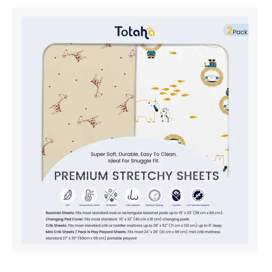 Picture of TotAha Premium Soft Bassinet Sheet for Boy Girl, Super Stretchy Jersey Knit Bassinet Fitted Sheet, Compatible with Halo, Maxi COSI, Mika Micky, SNOO, and Other Bassinet, 2 Pack (Cute Deer & Sheep)