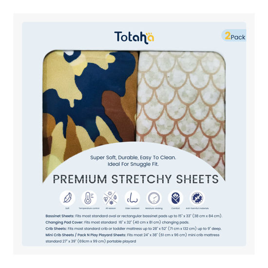 Picture of TotAha Premium Stretchy Pack N Play Playard Sheets | Mini Crib Sheets (2-Pack)-Hypoallergenic, Silky Comfort, AButtery Soft, Calming Effect, All-Season Jersey-Knit (Golden Whirlpool & Mermaid)