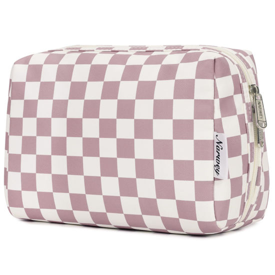 Picture of Large Makeup Bag Zipper Pouch Travel Cosmetic Organizer for Women (Large, Dusty Rose Checkerboard)