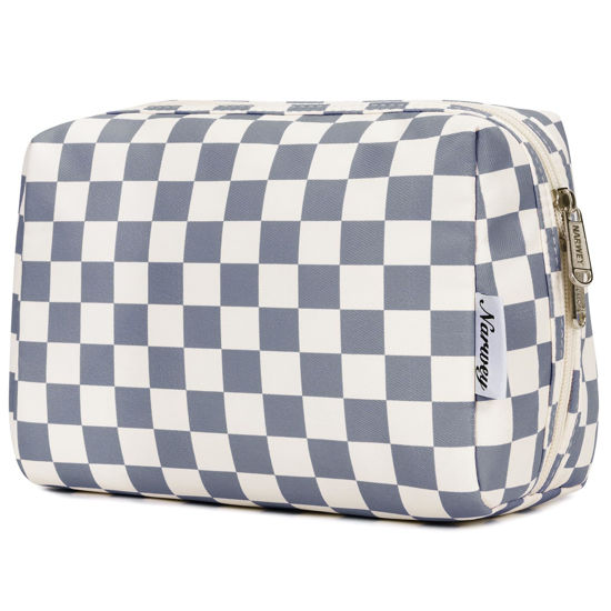 Picture of Large Makeup Bag Zipper Pouch Travel Cosmetic Organizer for Women (Large, Grayish Blue Checkerboard)