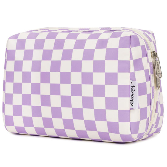 Picture of Large Makeup Bag Zipper Pouch Travel Cosmetic Organizer for Women (Large, Purple Checkerboard)