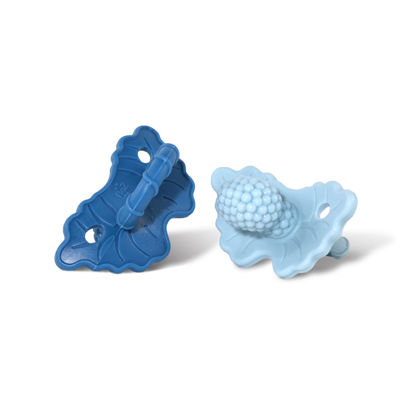 Picture of RaZbaby Soft Silicone Infant & Baby Teether, Berrybumps Textured Teething Relief Pacifier 3M+, Soothes Gums, Hands-Free & Easy-to-Hold Fruit-Shaped Design, BPA Free (Dark Blue & Light Blue, 2-Pack)