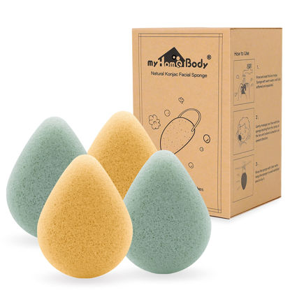 Picture of myHomeBody Natural Konjac Facial Sponges - Teardrop Shape - for Gentle Face Cleansing and Exfoliation - with Turmeric and Aloe Vera, 4pc Set