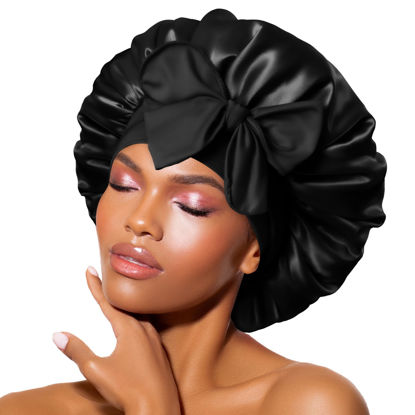 Picture of BONNET QUEEN Silk Bonnet for Sleeping Women Satin Bonnet Hair Bonnet night sleep cap scarf wrap for curly hair With Tie Band Black