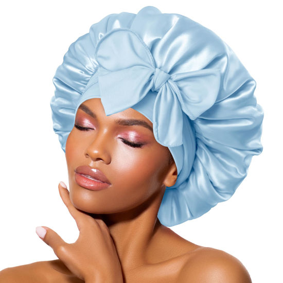 Picture of BONNET QUEEN Silk Bonnet for Sleeping Women Satin Bonnet Hair Bonnet Night Sleep Cap Scarf wrap for Curly Hair with tie Band Light Blue