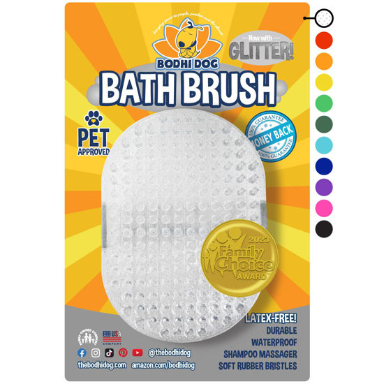 Picture of Bodhi Dog Shampoo Brush | Pet Shower & Bath Supplies for Cats & Dogs | Dog Bath Brush for Dog Grooming | Dog Scrubber for Bath | Professional Quality Dog Wash Brush (One Pack, Clear Silver Glitter)