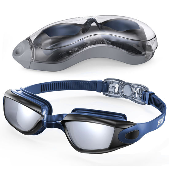 Picture of Aegend Swim Goggles, Swimming Goggles No Leaking Full Protection Adult Men Women Youth,Black With Blue Strap