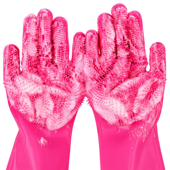 Picture of Pecute Pet Grooming Gloves - Heat Resistant Silicone Gloves with High-Density Teeth and Enhanced Five Finger Design for Bathing and Massaging Dogs and Cats (Pink)