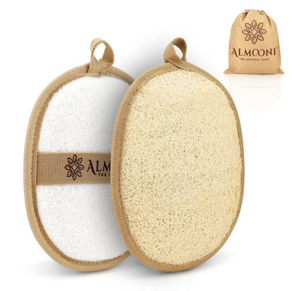 Picture of Almooni Natural Loofah Exfoliating Body Scrubber, Made with Natural Egyptian Shower Loofah Sponge, Bath Shower Loofah Sponge for Women and Men, for Face and Body That Gets You Clean - 2 Count (1 Pack)