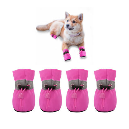 Picture of YAODHAOD Dog Shoes for Small Dogs, Anti-Slip Dogs Boots & Paw Protector for Winter Snowy Day, Summer Hot Pavement Dog Booties with Reflective Straps, Cat Dog Shoe for Indoor Hardfloors (Rose Red, 7)