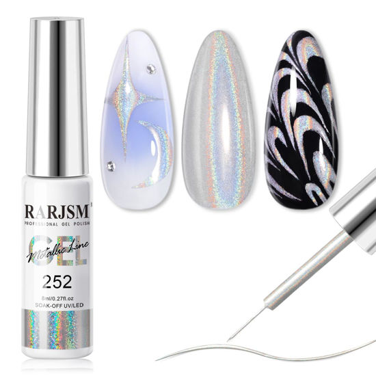 Picture of RARJSM Metallic Silver Nail Art Gel Liner Mirror Chrome 3D Holographic Laser Rainbow Effect Gel Nail Polish 8ml Build in Thin Brush Painted Drawing Striper Painting Curing Requires for Home Salon