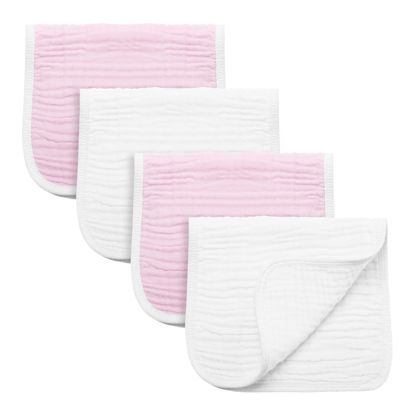 Picture of Synrroe Burp Cloths Large, Muslin Burp Cloths for Baby Girls and Boys, Pack of 4 Extra Absorbent and Soft Muslin Bibs, 6 Layers 20 by 10 Inches 100% Cotton (Pink-White 4 Pack)