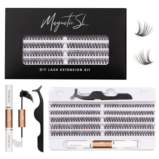 Picture of DIY Lash Extension Kit 200pcs Cluster Lashes Kit 30D Lash Clusters Individual Eyelash Extensions Kit with Lash Bond & Seal For False Eyelash, Applicator For Cluster Kit Mix 10-16mm D Curl(30D-0.07D)