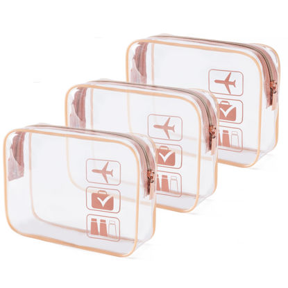 Picture of MODENGKONGJIAN TSA Approved Toiletry Bag, 3 Pcs Clear Toiletries Bags Quart Size Travel Makeup Cosmetic Bag for Women Men, Carry on Airport Airline Compliant Bag (Rose Gold)