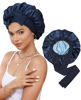 Picture of Satin Bonnet Silk Bonnet for Sleeping Silk Sleep Cap Double Layer Hair Bonnet with Elastic Tie Band for Curly Hair Night Cap (Navy Blue + Light Blue)